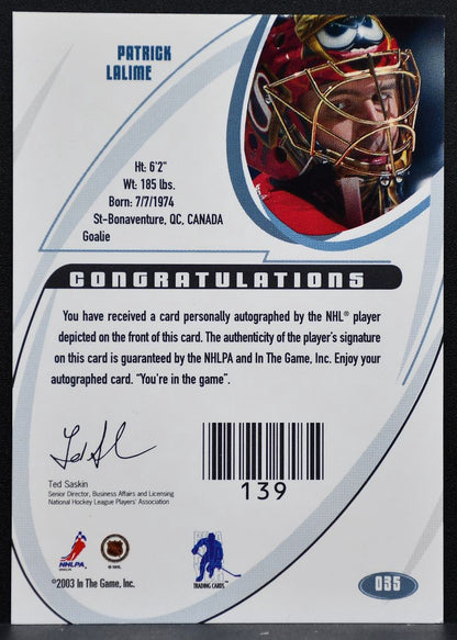 2002-03 In The Game Signature Series Auto Gold Patrick Lalime Senators Auto 0998