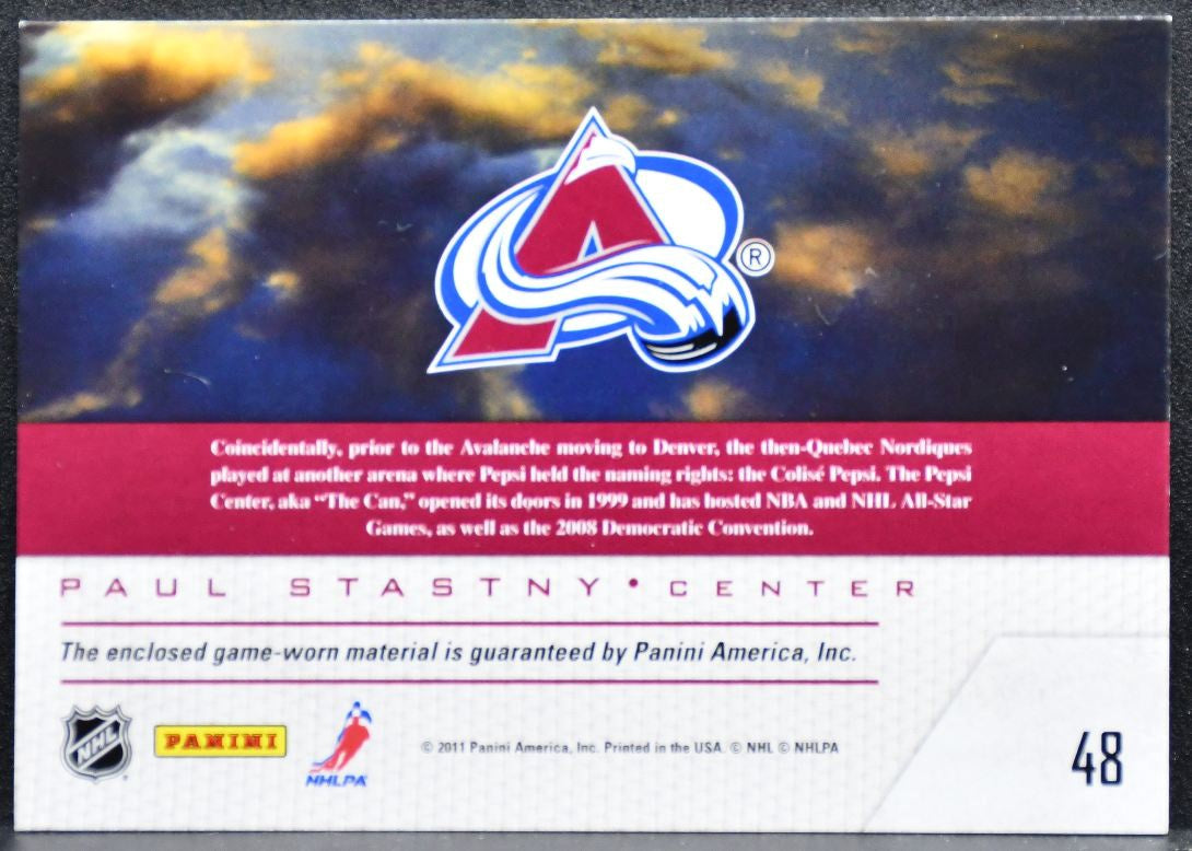 2011-12 Panini Pinnacle Game Night Materials Paul Stastny Avalanche Jersey 5160
