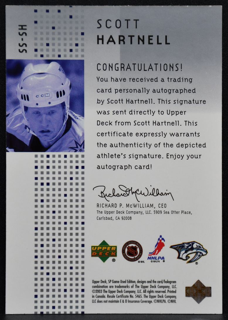 2002-03 SP Game Used Signature Style Scott Hartnell SS-SH Predators Auto 7617