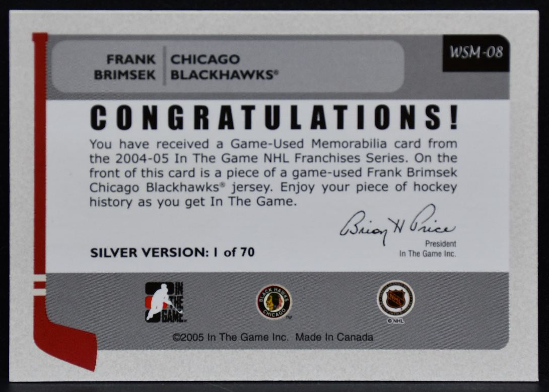 2004-05 ITG Franchises US West Memorabilia Brimsek WSM-08 Blackhawks Jersey 3473