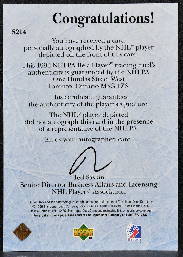 1995-96 Upper Deck Be A Player Ice Wars Tony Twist S214 Auto 5058