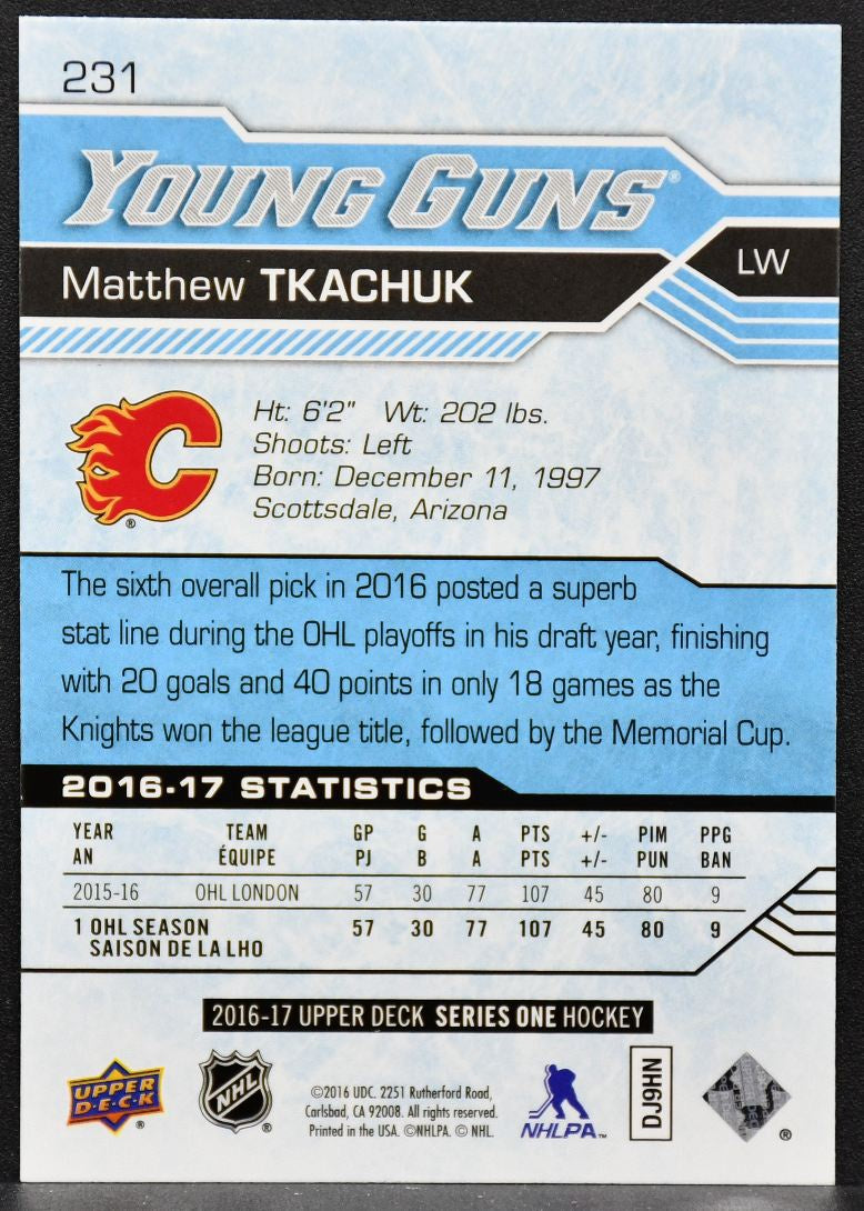 2016-17 Upper Deck Series 1 Young Guns Matthew Tkachuk 231 RC 2132