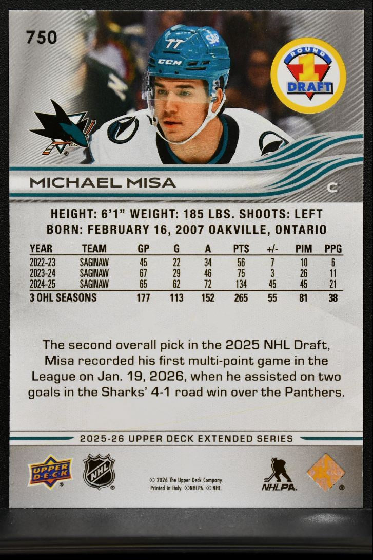 2025-26 Upper Deck Extended Series Round 1 Draft Michael Misa 750 Sharks RC 7412