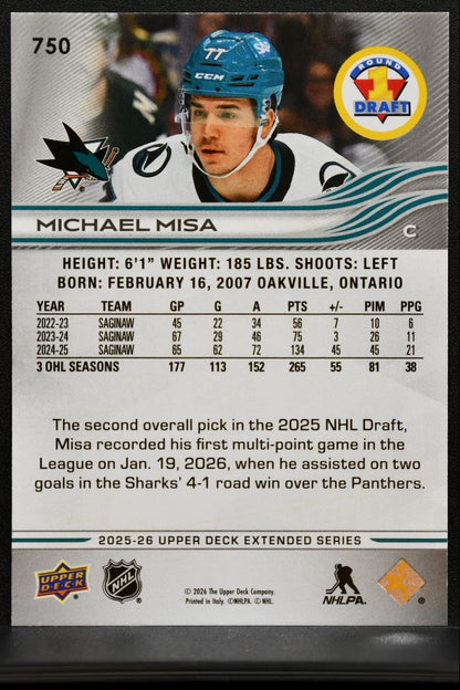 2025-26 Upper Deck Extended Series Round 1 Draft Michael Misa 750 Sharks RC 7412