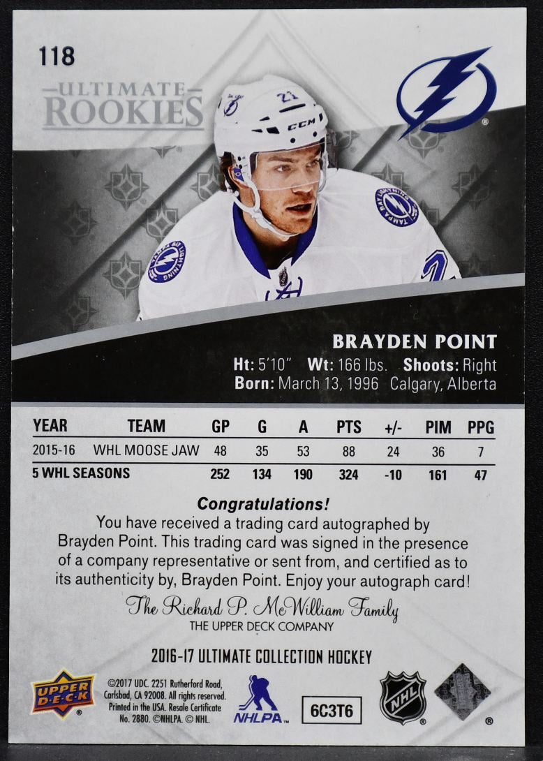 2016-17 UD Ultimate Collection Rookies Brayden Point 118 RC Auto /299