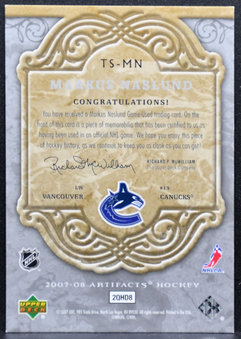 2007-08 UD Artifacts Treasured Swatches Markus Naslund 089/100 Jersey 3463