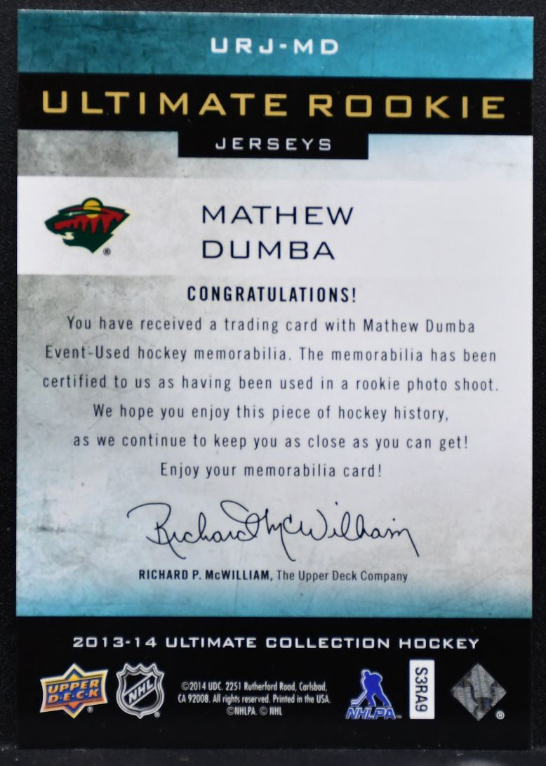 2013-14 UD Ultimate Collection Rookie Jerseys Mathew Dumba Wild Jersey 7935