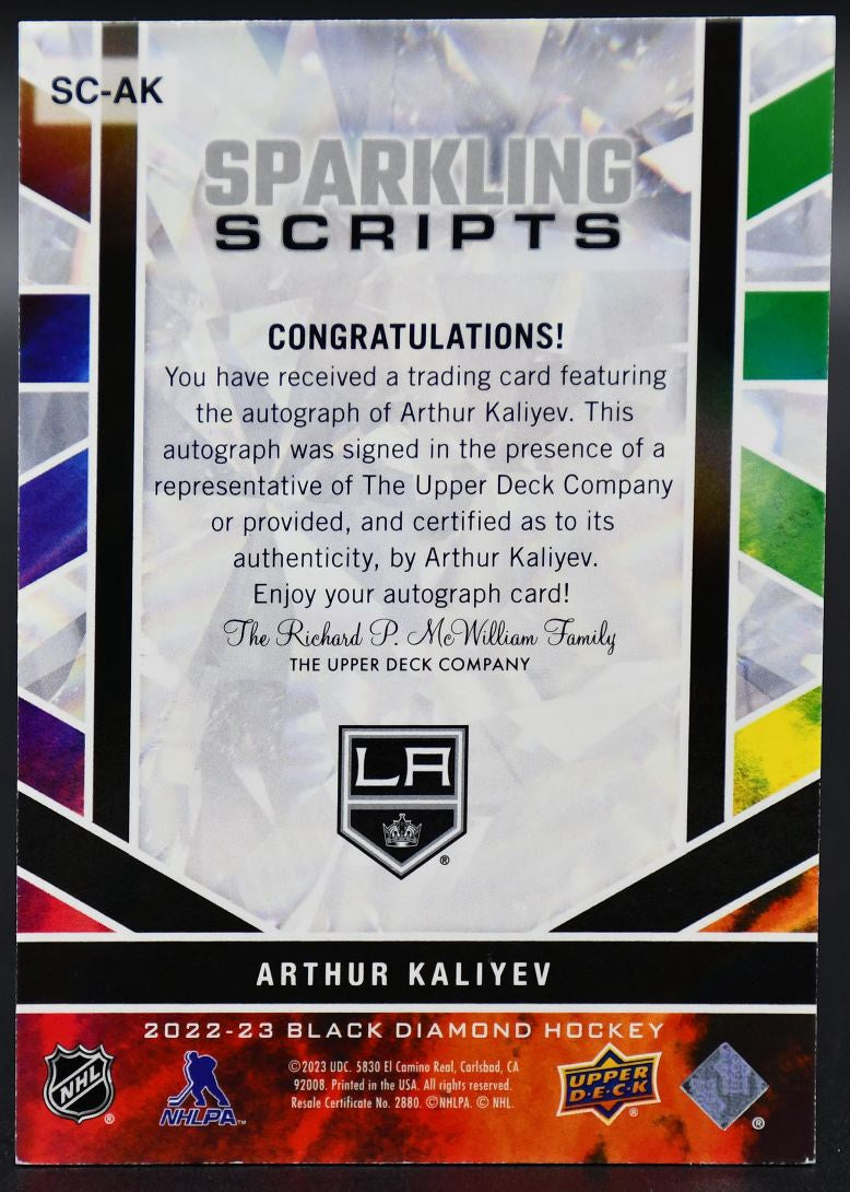 2022-23 UD Black Diamond Arthur Kaliyev SC-AK Los Angeles Kings Auto