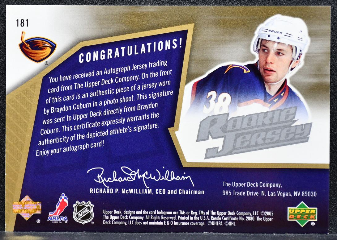 2005-06 SPx Rookie Jersey Braydon Coburn Thrashers RC Auto 0285/1499 Jersey 9617