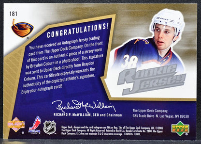 2005-06 SPx Rookie Jersey Braydon Coburn Thrashers RC Auto 0285/1499 Jersey 9617