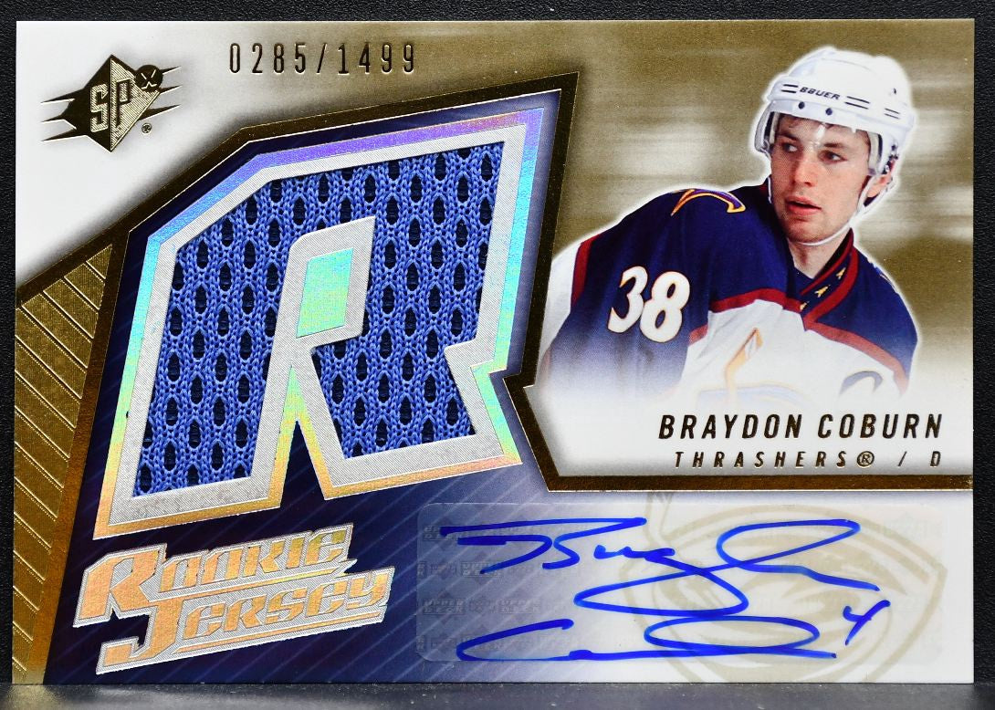 2005-06 SPx Rookie Jersey Braydon Coburn Thrashers RC Auto 0285/1499 Jersey 9617