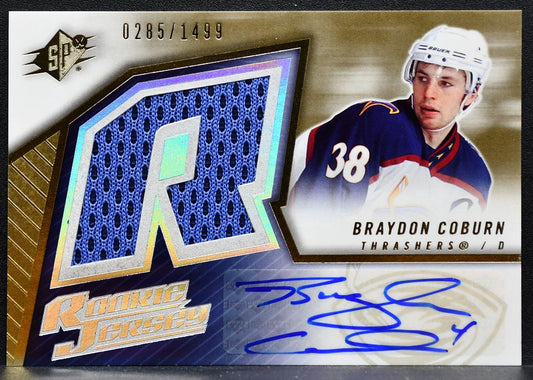 2005-06 SPx Rookie Jersey Braydon Coburn Thrashers RC Auto 0285/1499 Jersey 9617