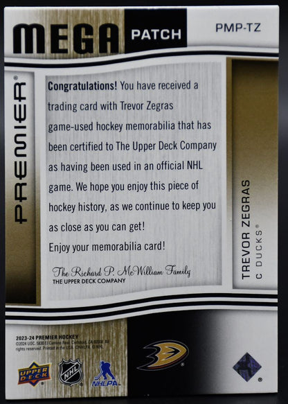 2023-24 UD Premier Trevor Zegras PMP-TZ Anaheim Ducks 5/6 Patch