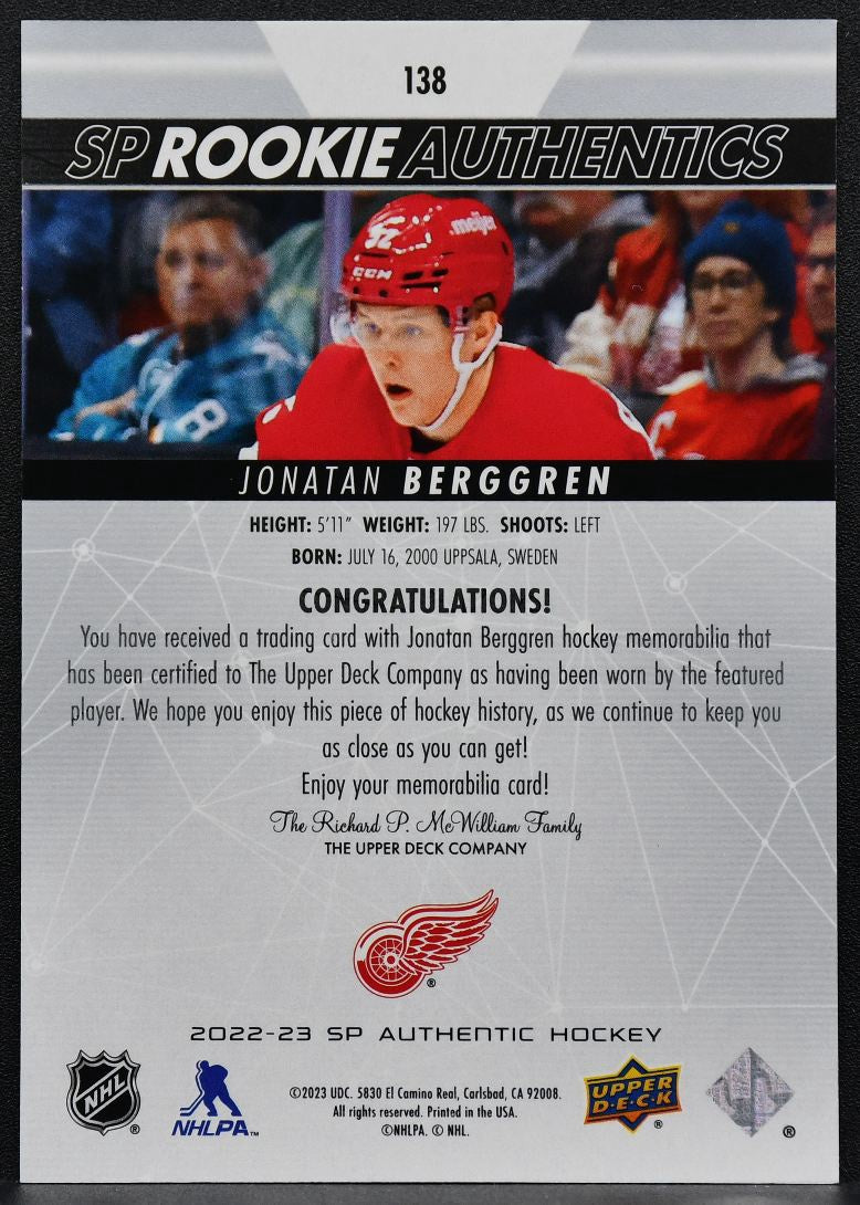 22-23 SP Authentic RC Authentics Jersey Jonatan Berggren 138 Red Wings RC Jersey 2998