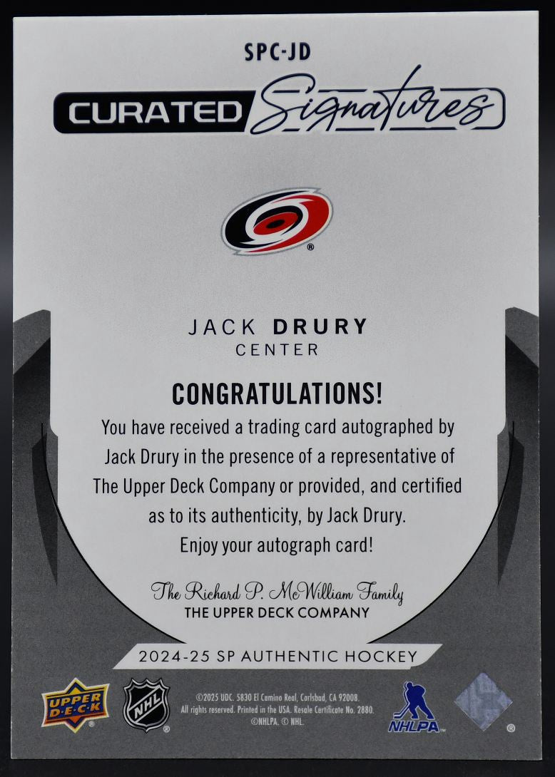 2024-25 SP Authentic Jack Drury SPC-JD Carolina Hurricanes Auto 295/299