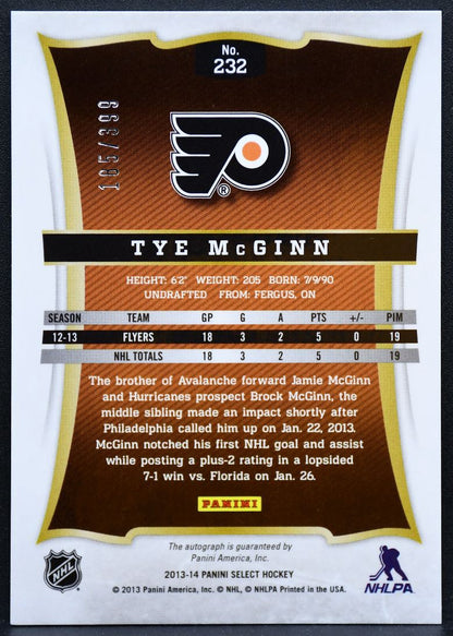 2013-14 Panini Select Rookie Auto Tye McGinn 232 Flyers RC Auto 185/399 8768