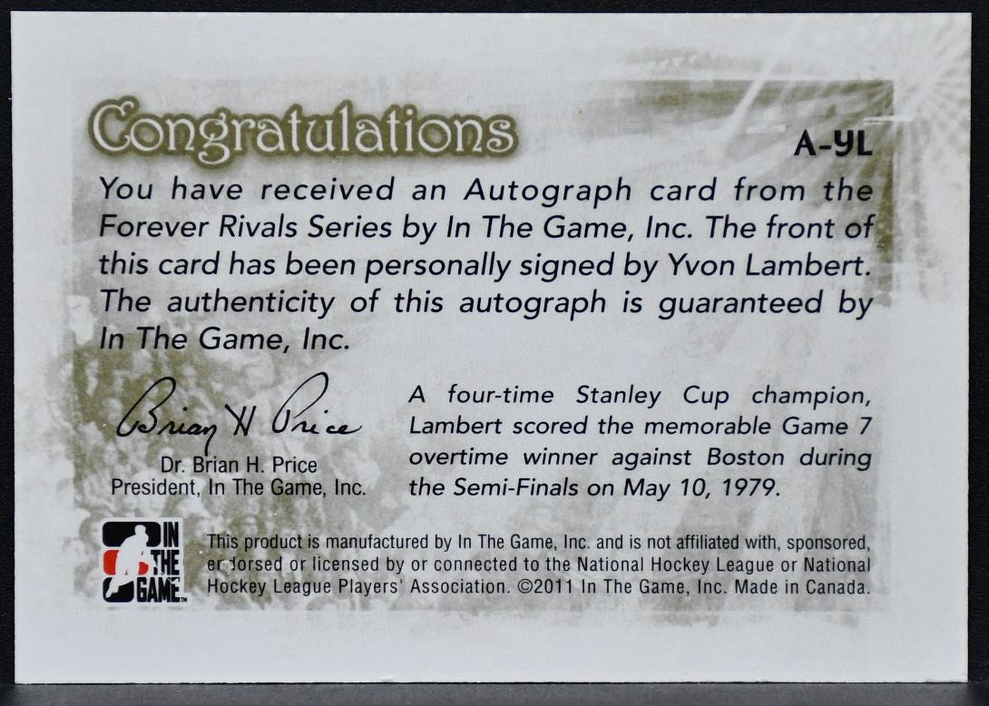 2011-12 In The Game Forever Rivals Autographs Yvon Lambert A-YL Auto