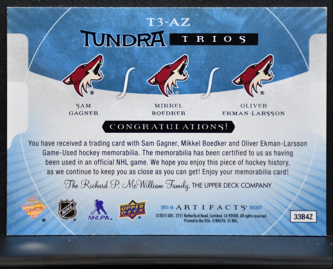 2015-16 Artifacts Tundra Trio Blue Gagner/Boedker/Ekman-Larsson /199 Jersey 0855
