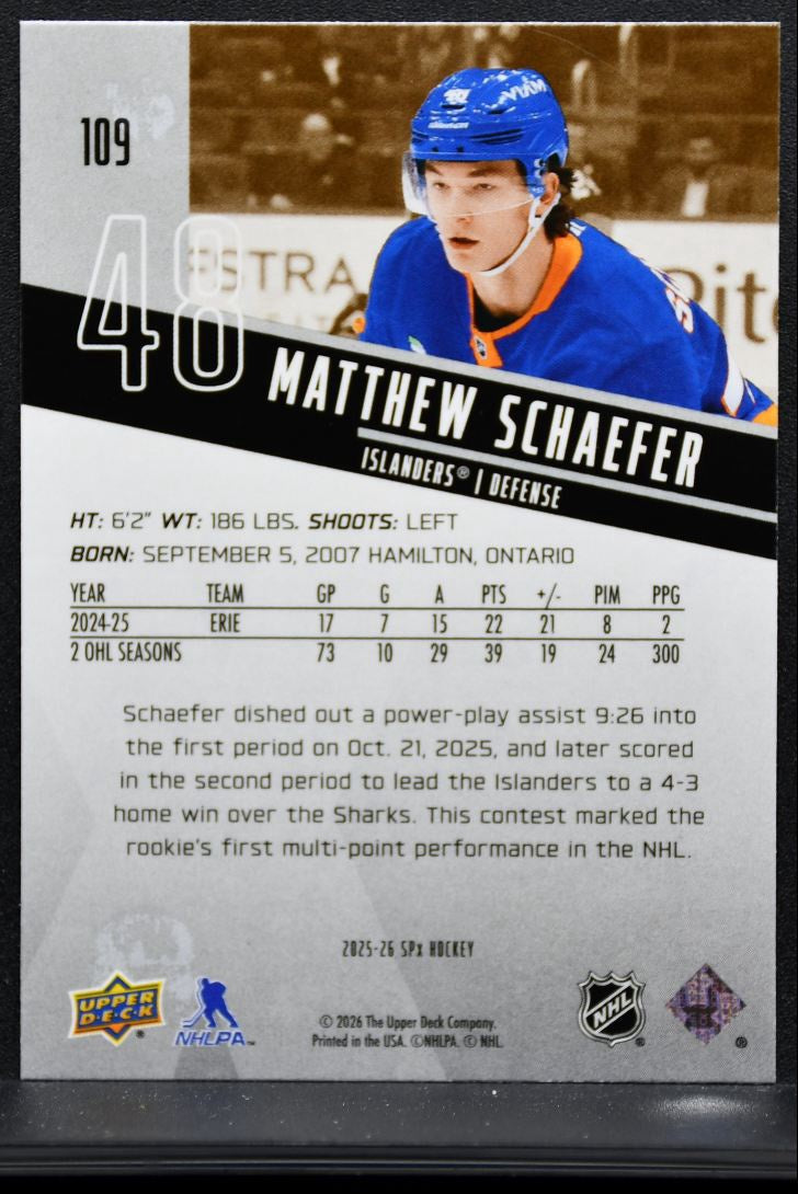 2025-26 SPx Rookies Matthew Schaefer 109 New York Islanders RC 0245