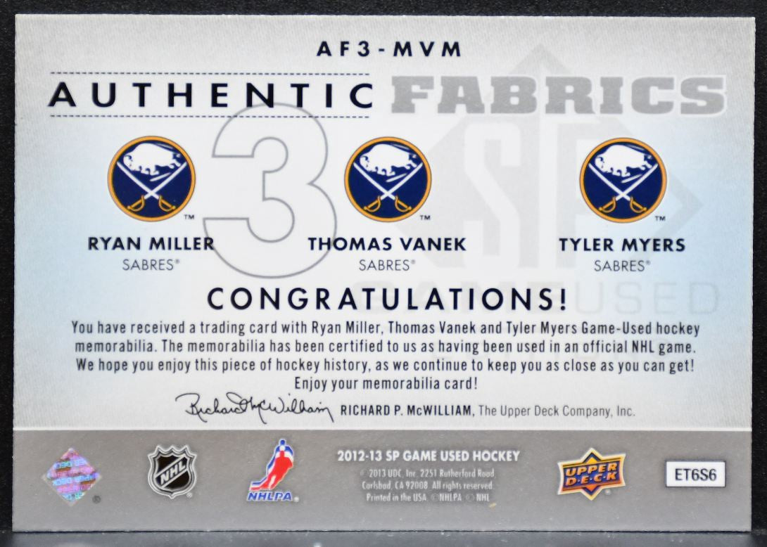 2012-13 SP Game Used Triple Authentic Fabrics Miller/Vanek/Myers Jersey 8451