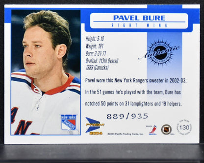 2003-04 Pacific Prism Jersey Pavel Bure 130 New York Rangers 889/935 Jersey 4534