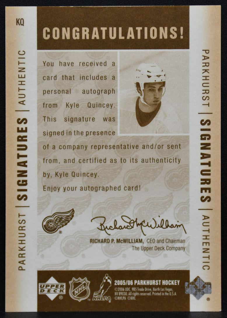 2005-06 Parkhurst Signatures Kyle Quincey KQ Detroit Red Wings Auto 9468