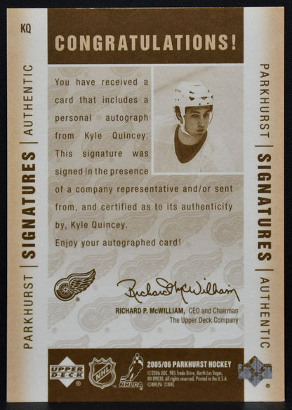 2005-06 Parkhurst Signatures Kyle Quincey KQ Detroit Red Wings Auto 9468