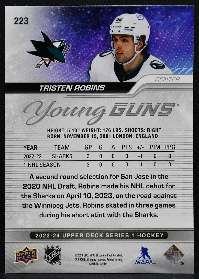 23-24 UD Series 1 Young Guns Outburst Red Tristen Robins 223 Sharks RC 16 /25 3476