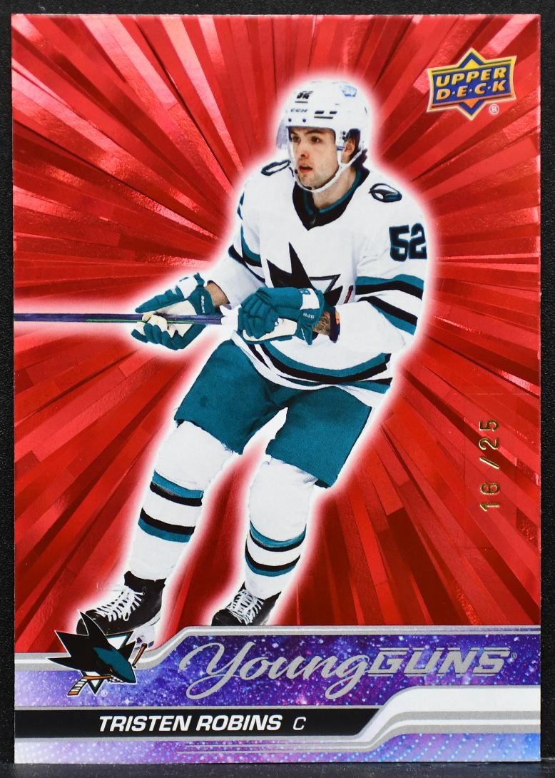 23-24 UD Series 1 Young Guns Outburst Red Tristen Robins 223 Sharks RC 16 /25 3476
