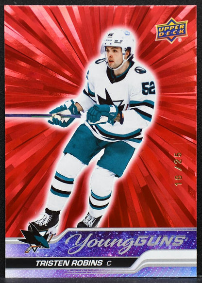 23-24 UD Series 1 Young Guns Outburst Red Tristen Robins 223 Sharks RC 16 /25 3476