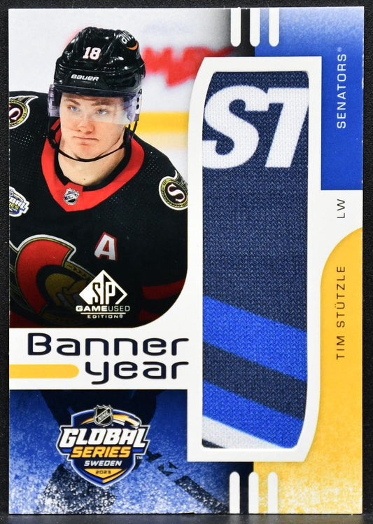 SP Game Used Global Series Sweden Banner Year Relics Stutzle Senators Patch 3682