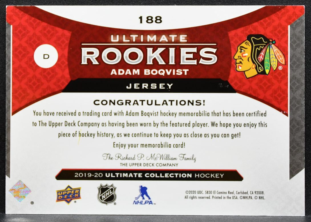 2019-20 UD Ultimate Collection Rookies Jersey Adam Boqvist RC Jersey 9585