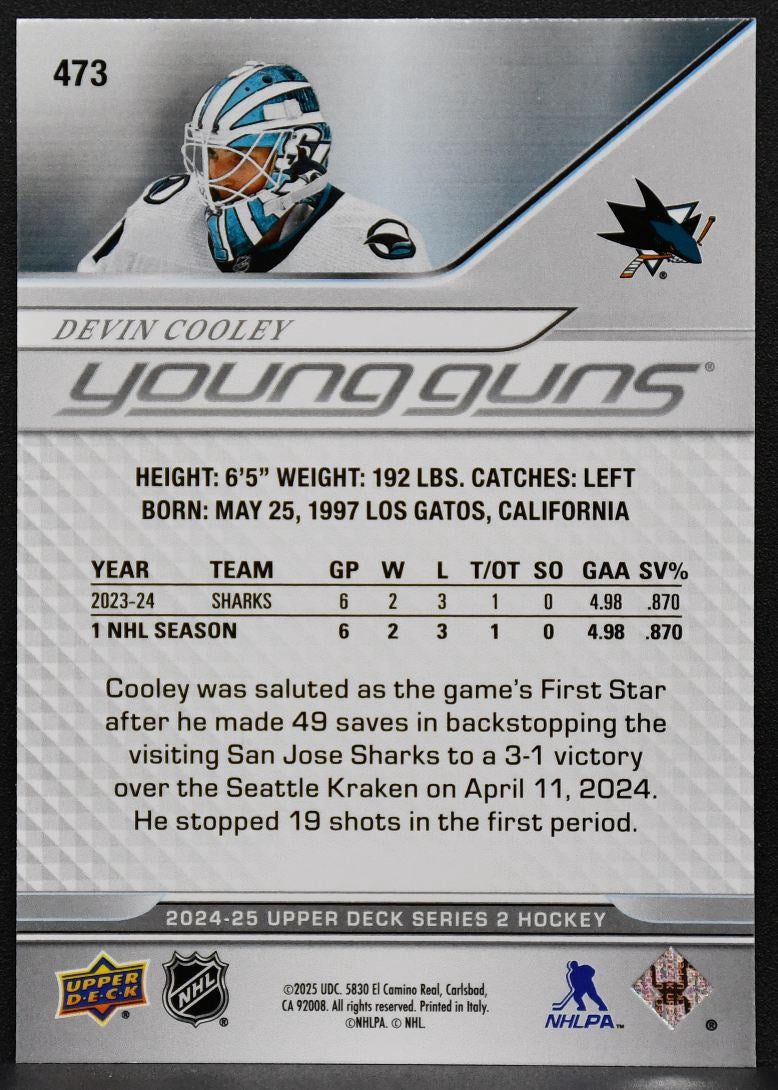 2024-25 Upper Deck Series 2 Young Guns Devin Cooley 473 San Jose Sharks RC 7467