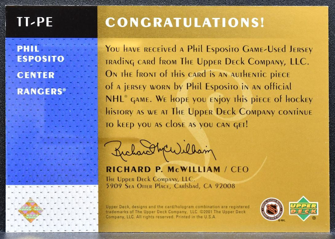 2001-02 UD Legends Timeless Tributes Phil Esposito TT-PE Rangers Jersey 0666