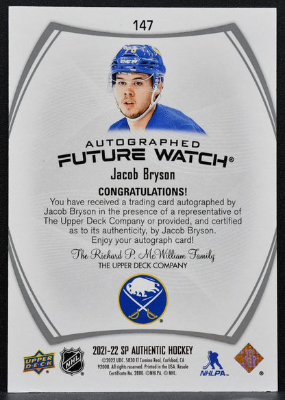 2021-22 SP Authentic Future Watch Auto Jacob Bryson Sabres RC Auto 160/999 7363