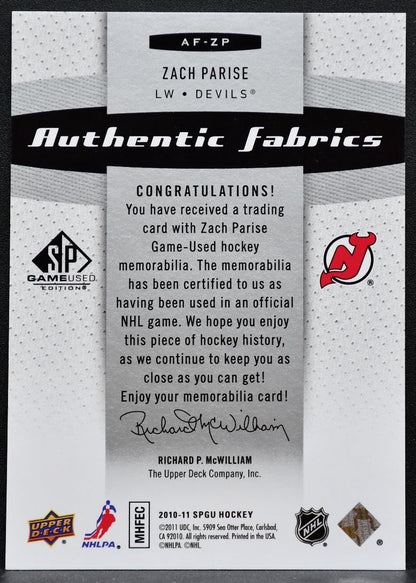 2010-11 SP Game Used Authentic Fabrics Zach Parise AF-ZP Devils Jersey 6120