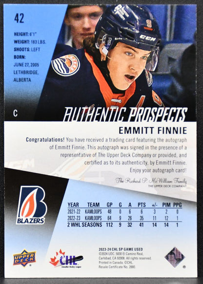 23-24 SP Game Used CHL Authentic Prospects Auto Emmitt Finnie Kamloops Blazers 9768