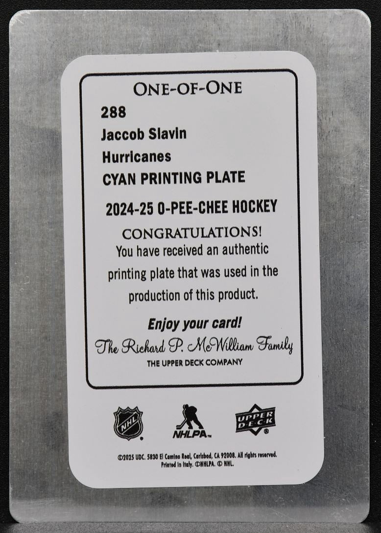 2024-25 O-Pee-Chee Cyan Priting Plate Jaccob Slavin 288 Carolina Hurricanes 1/1 8747