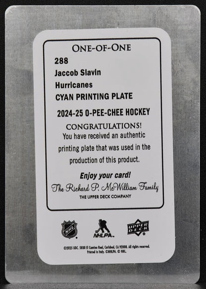 2024-25 O-Pee-Chee Cyan Priting Plate Jaccob Slavin 288 Carolina Hurricanes 1/1 8747