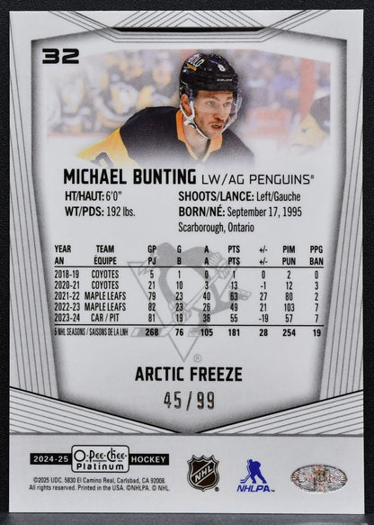2024-25 O-Pee-Chee Platinum Arctic Freeze Michael Bunting 32 Penguins 45/99 9195