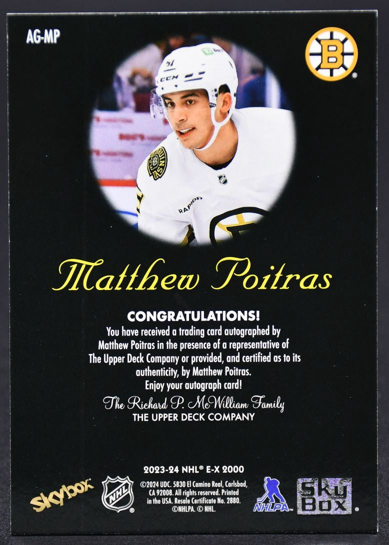 2023-24 Skybox E-X 2000 Matthew Poitras AG-MP Boston Bruins Auto