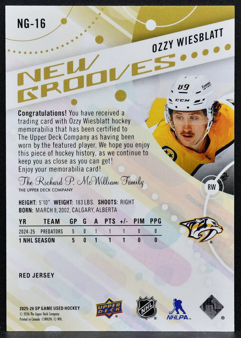 2025-26 SP Game Used New Grooves Red Jersey Ozzy Wiesblatt NG-16 RC Jersey 0183