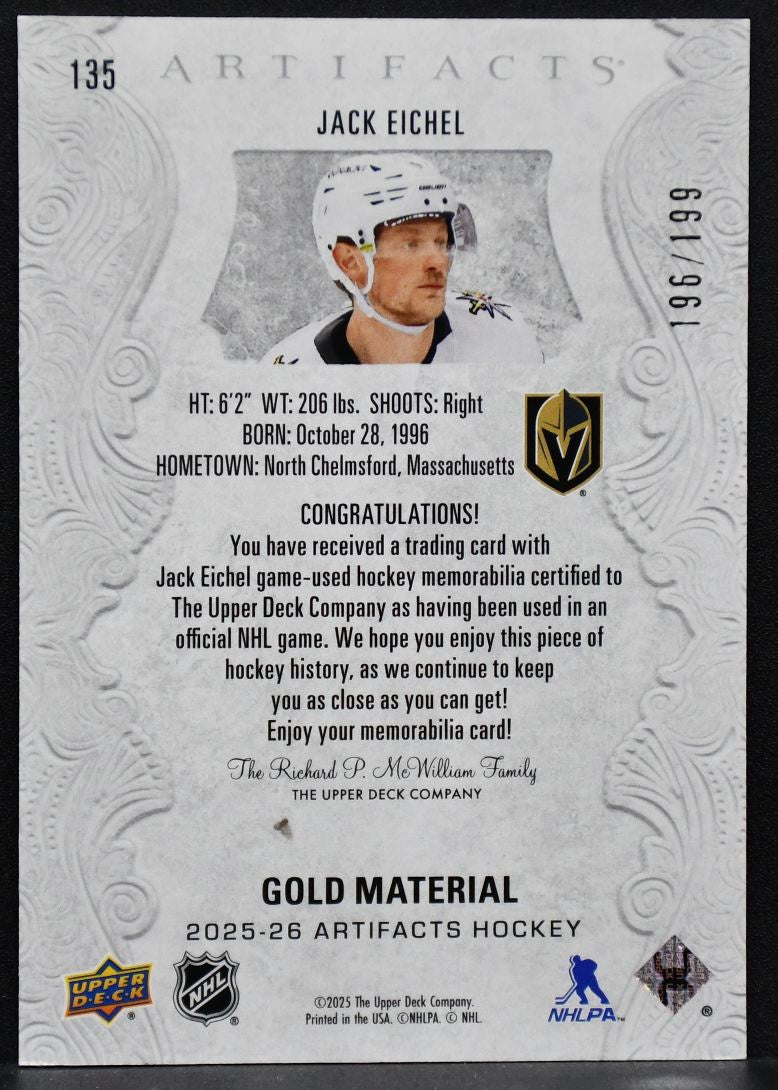 2025-26 UD Artifacts Jack Eichel 135 Vegas Golden Knights 196/199 Jersey