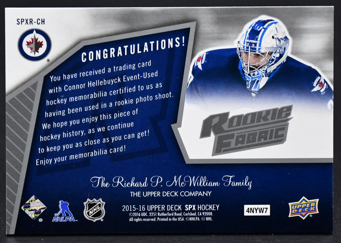 2015-16 SPx Retro Rookie Fabric Connor Hellebuyck SPXR-CH RC Jersey