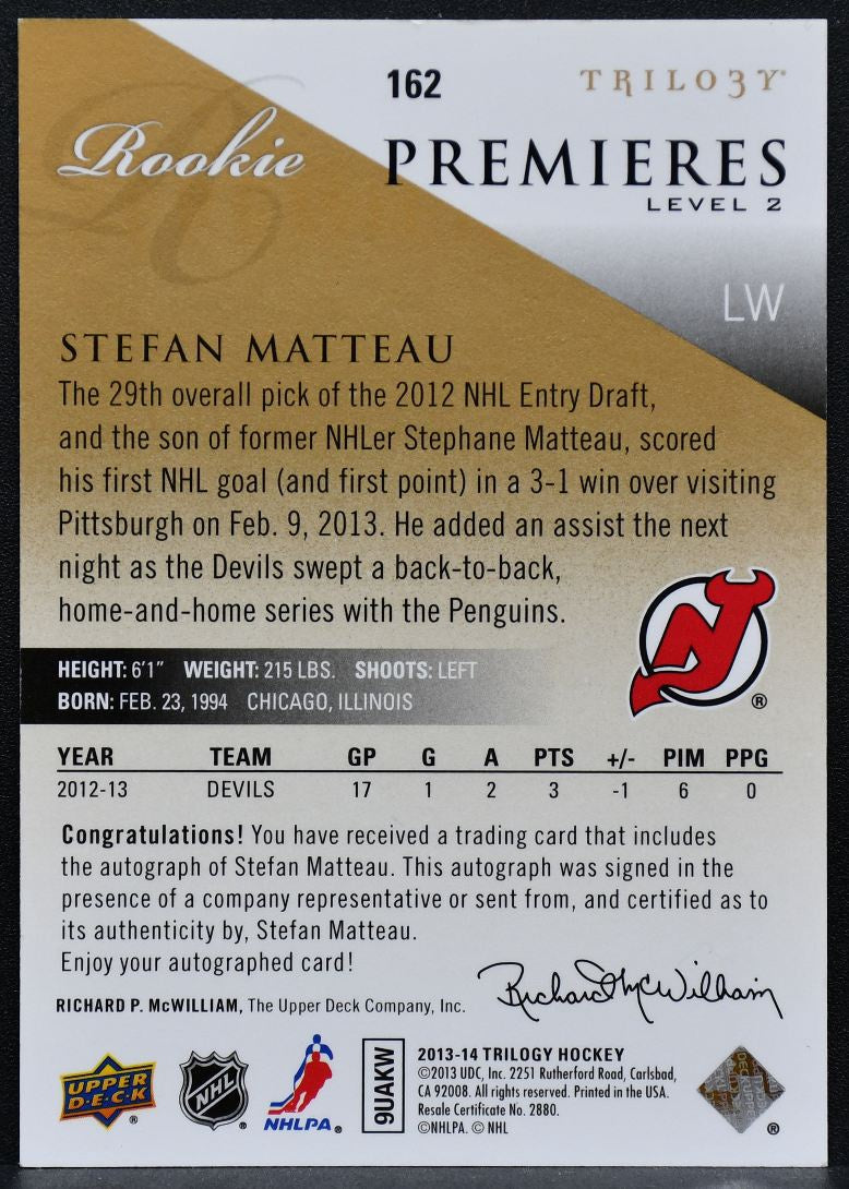 2013-14 Upper Deck Trilogy Rookie Premieres Lvl2 Stefan Matteau 162 RC Auto 5195