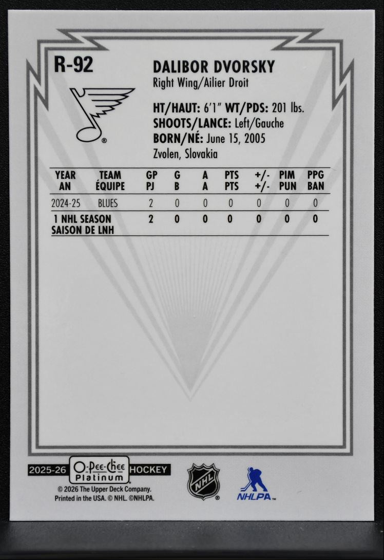2025-26 O-Pee-Chee Platinum Retro Rookie Dalibor Dvorsky St. Louis Blues RC 3888