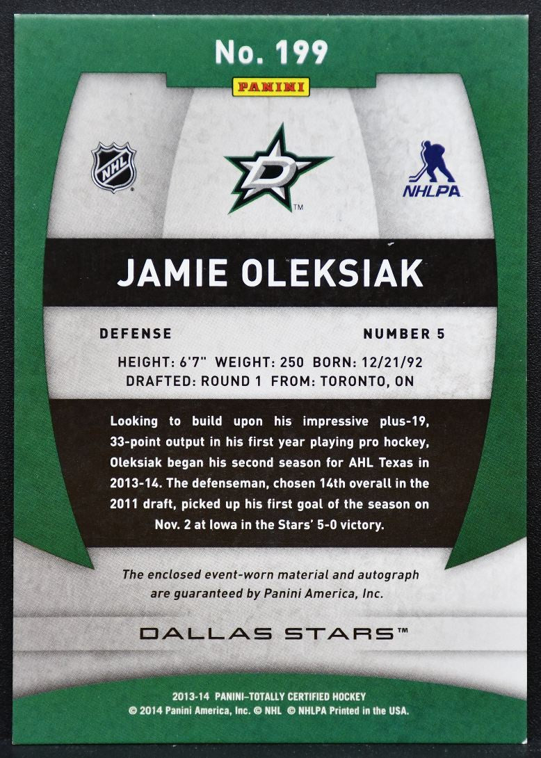 2013-14 Panini Totally Certified Jersey Oleksiak 199 Stars RC Auto Jersey 0317