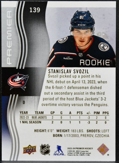 2023-24 UD Premier Rookie Base Stanislav Svozil 139 Blue Jackets RC /399 0533