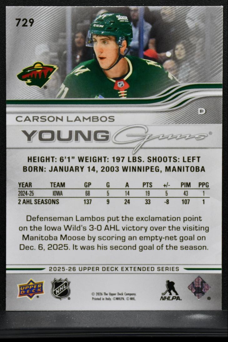 2025-26 Upper Deck Extended Series Young Guns Carson Lambos 729 Wild RC 8662