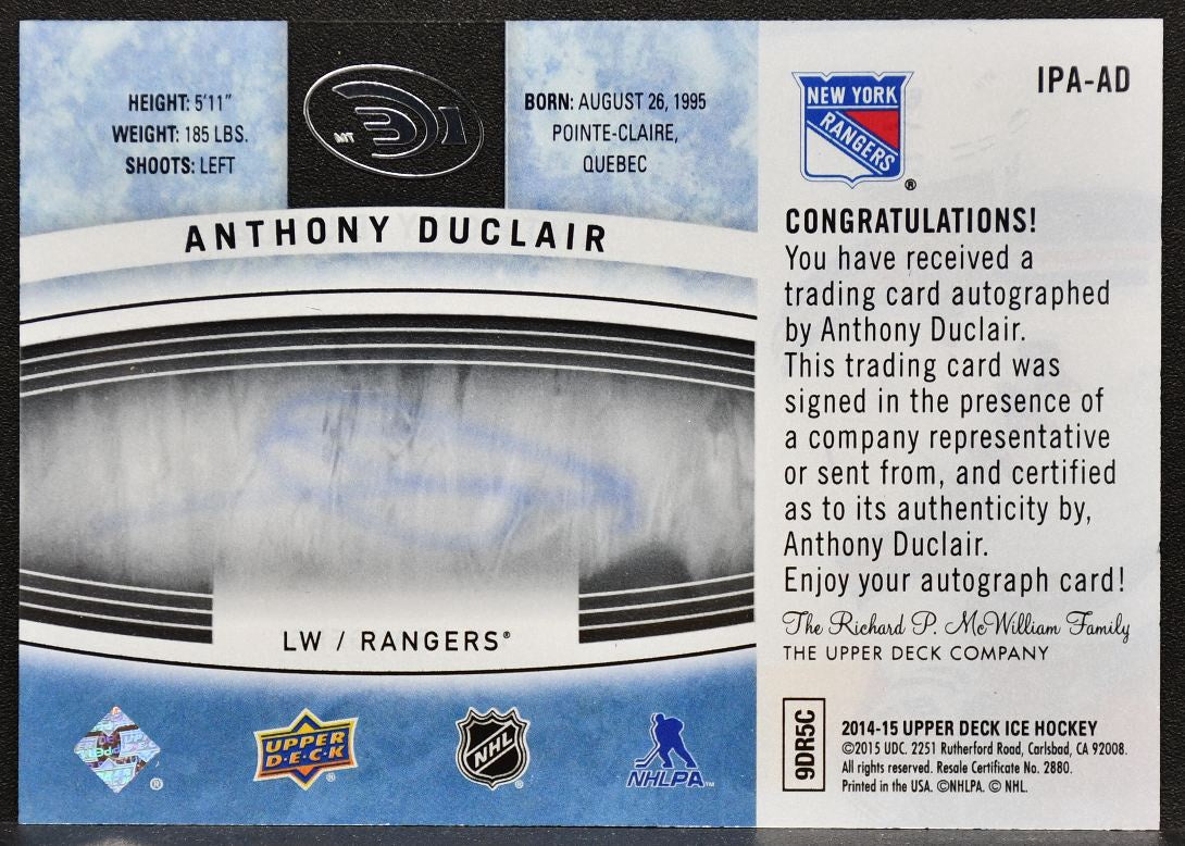 2014-15 UD Ice Premieres Autographs Anthony Duclair IPA-AD Rangers RC Auto 2056